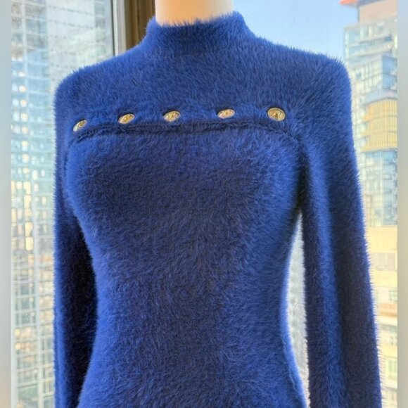 🆕 VERSACE JEANS COUTURE 🧿 NWOT Royal Blue Faux Fur Knit Dress, Buttons - Sz S - Picture 5 of 16